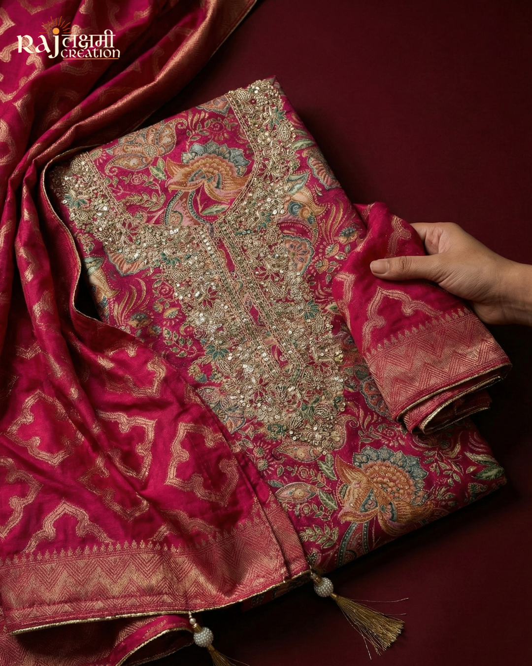 The Heritage Collection: Gajji Satin Zardosi Ensemble in Deep Magenta
