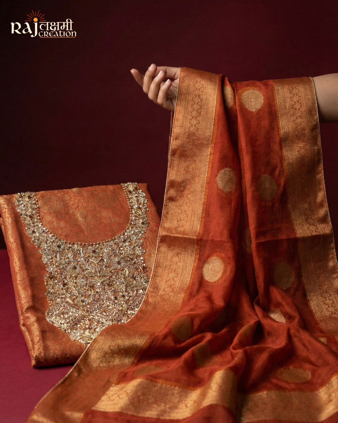 Radiant Copper & Wine: Handcrafted Zardosi Tissue Suit Sets