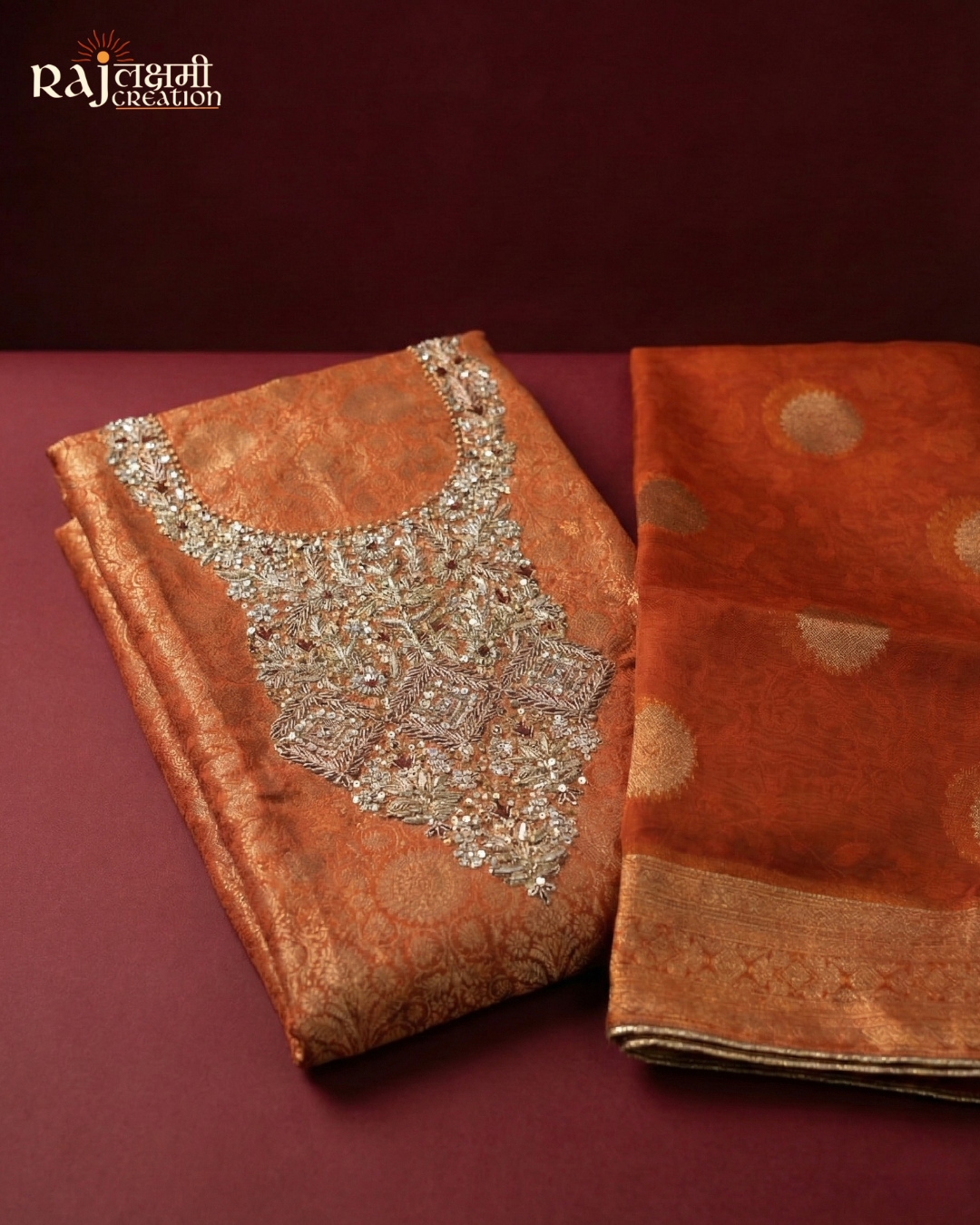Radiant Copper & Wine: Handcrafted Zardosi Tissue Suit Sets