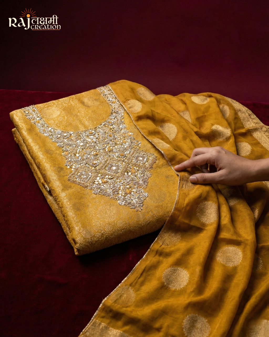 Festive Splendor: Handcrafted Zardosi Tissue Suit Sets in Wine, Rust, and Mustard