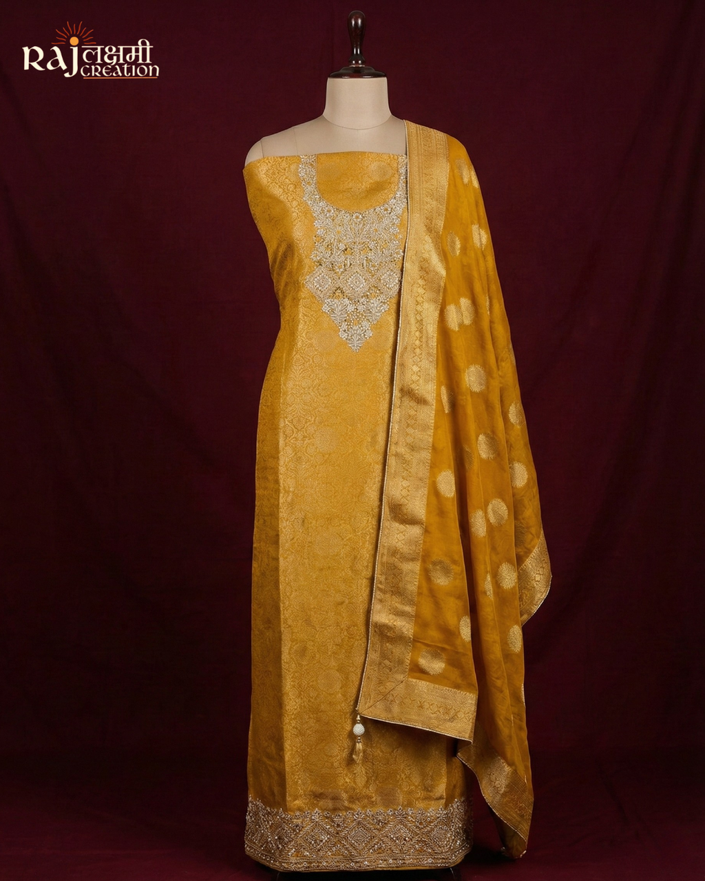Festive Splendor: Handcrafted Zardosi Tissue Suit Sets in Wine, Rust, and Mustard
