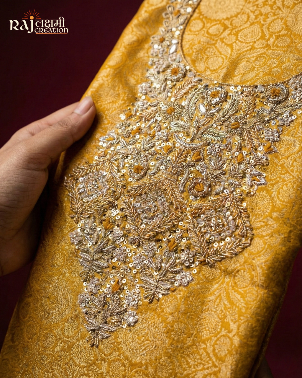 Festive Splendor: Handcrafted Zardosi Tissue Suit Sets in Wine, Rust, and Mustard
