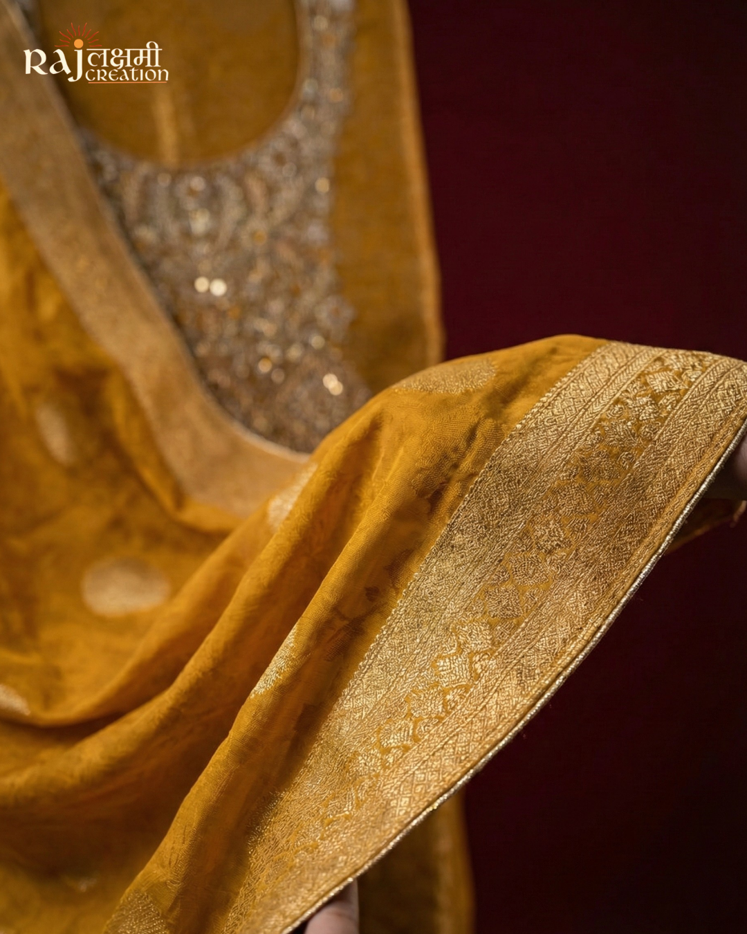 Festive Splendor: Handcrafted Zardosi Tissue Suit Sets in Wine, Rust, and Mustard