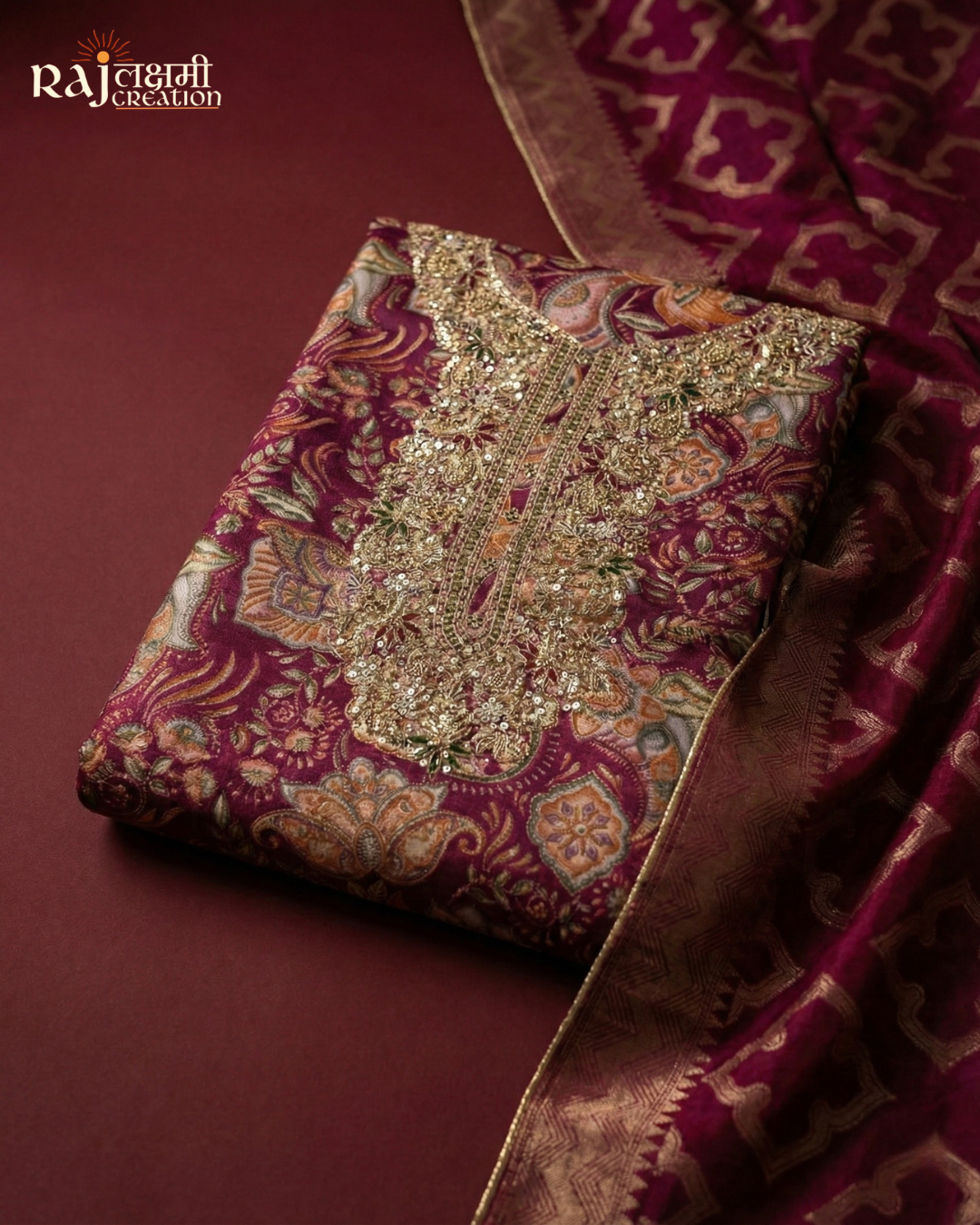 Royal Magenta Printed Gajji Satin Suit with Handcrafted Zardosi Yoke