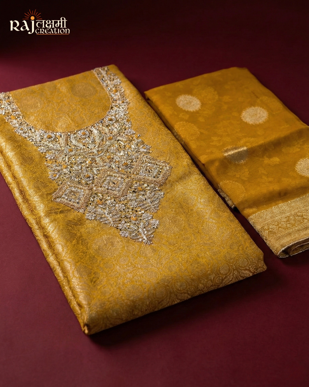 Festive Splendor: Handcrafted Zardosi Tissue Suit Sets in Wine, Rust, and Mustard