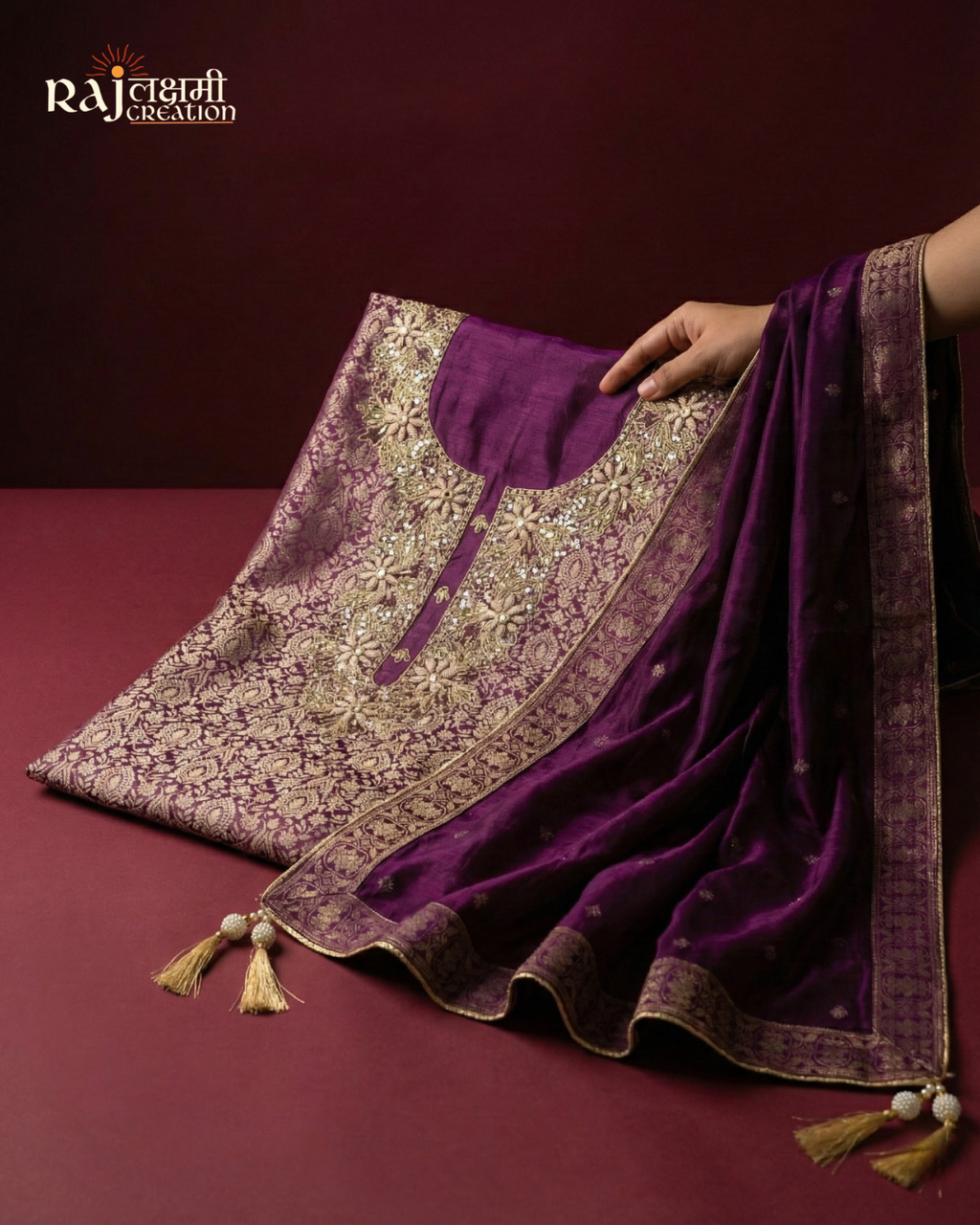 Imperial Purple: Luxury Tissue Upada Set with Intricate Neckline Detail
