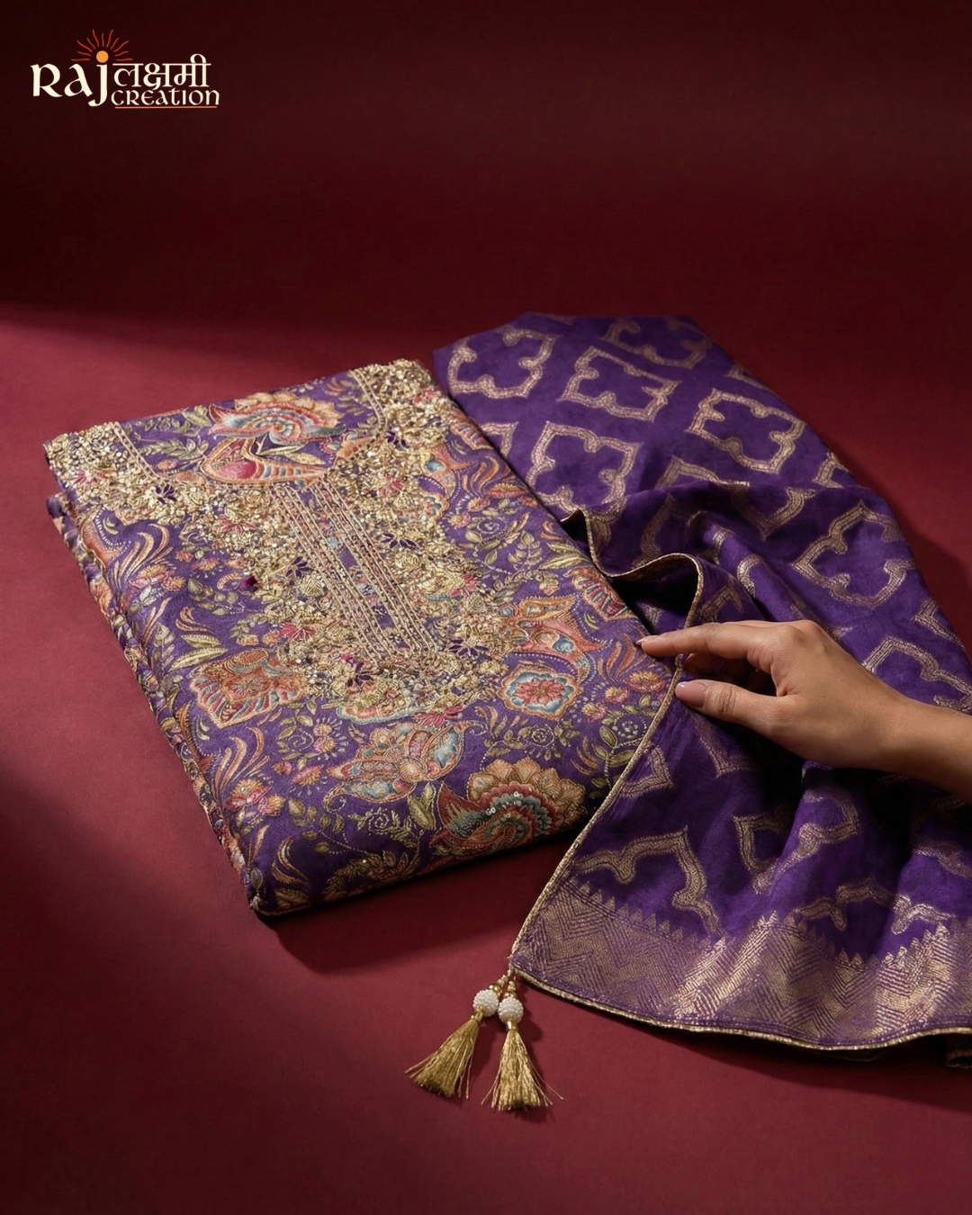 Deep Purple Printed Gajji Satin Suit with Handcrafted Zardosi Yoke