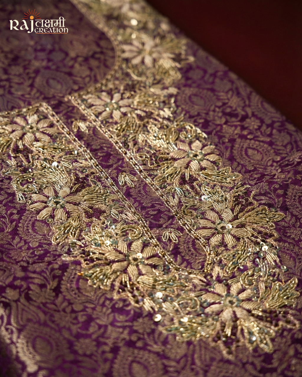 Imperial Purple: Luxury Tissue Upada Set with Intricate Neckline Detail