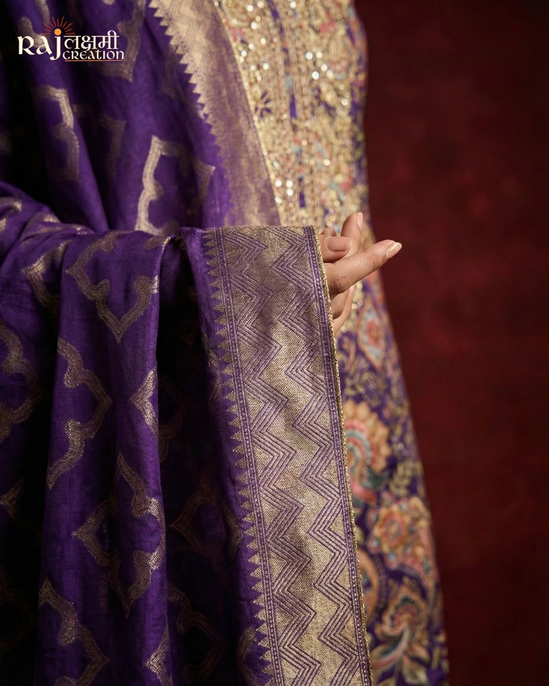 Deep Purple Printed Gajji Satin Suit with Handcrafted Zardosi Yoke