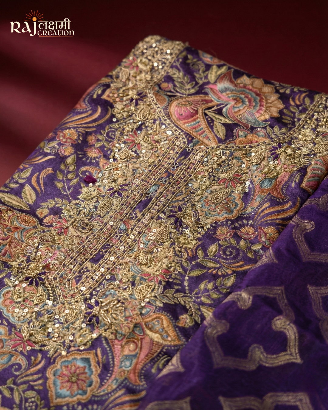 Deep Purple Printed Gajji Satin Suit with Handcrafted Zardosi Yoke