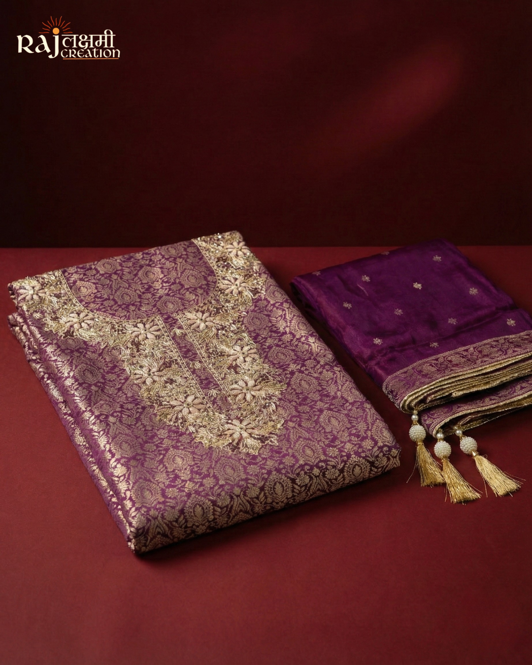 Imperial Purple: Luxury Tissue Upada Set with Intricate Neckline Detail