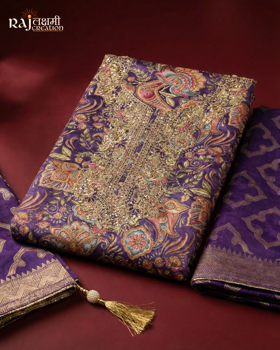 Deep Purple Printed Gajji Satin Suit with Handcrafted Zardosi Yoke