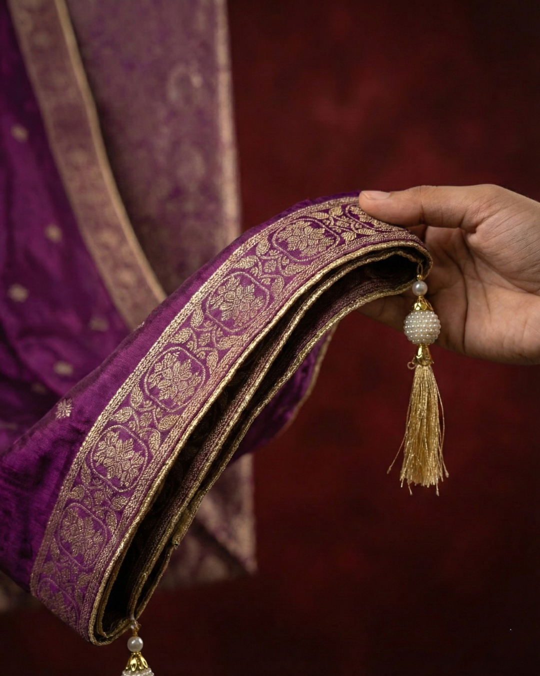 Imperial Purple: Luxury Tissue Upada Set with Intricate Neckline Detail