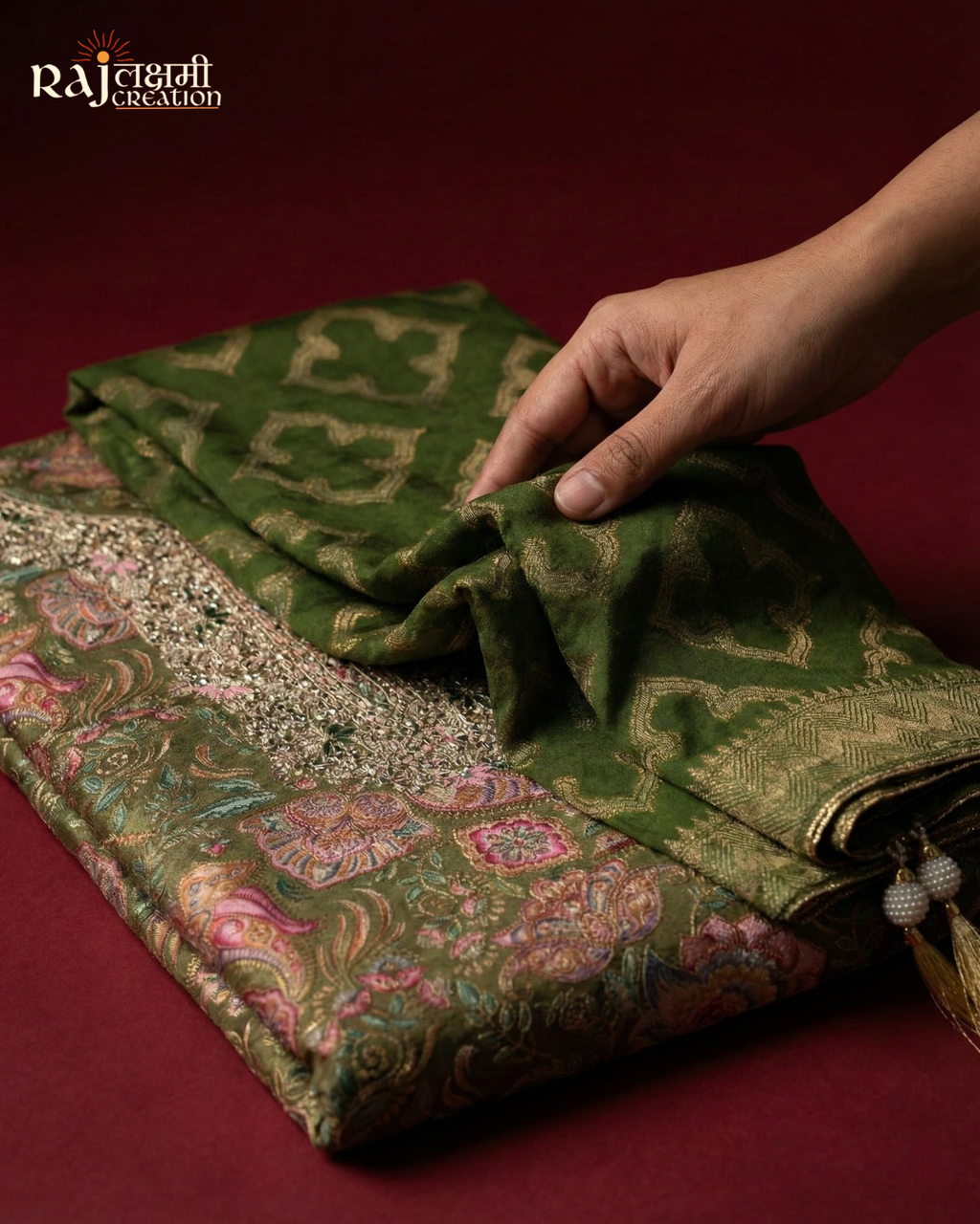 Royal Wine Printed Gajji Satin Suit with Handcrafted Zardosi Yoke