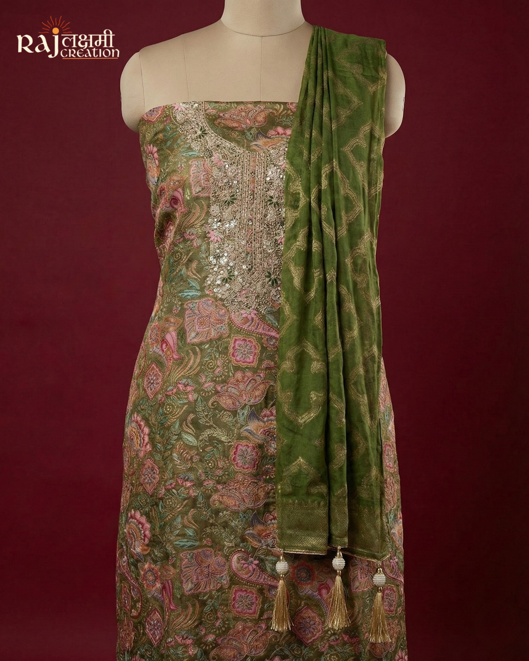 Royal Wine Printed Gajji Satin Suit with Handcrafted Zardosi Yoke