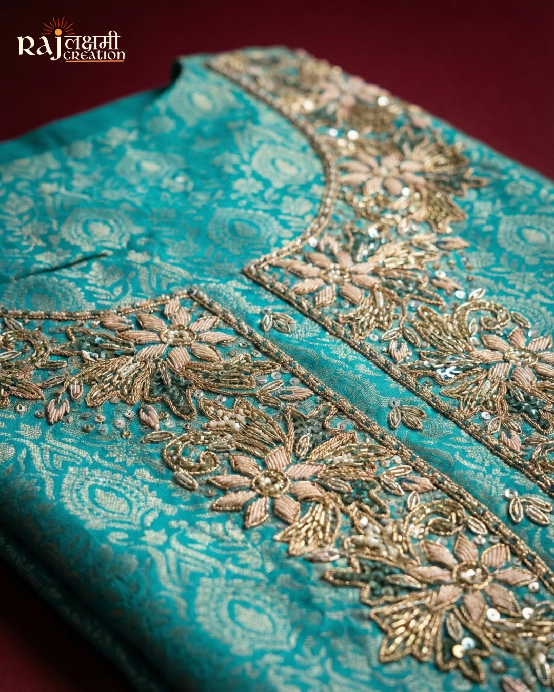 Turquoise Treasure: Hand-Embroidered Zardosi Tissue Upada Suit