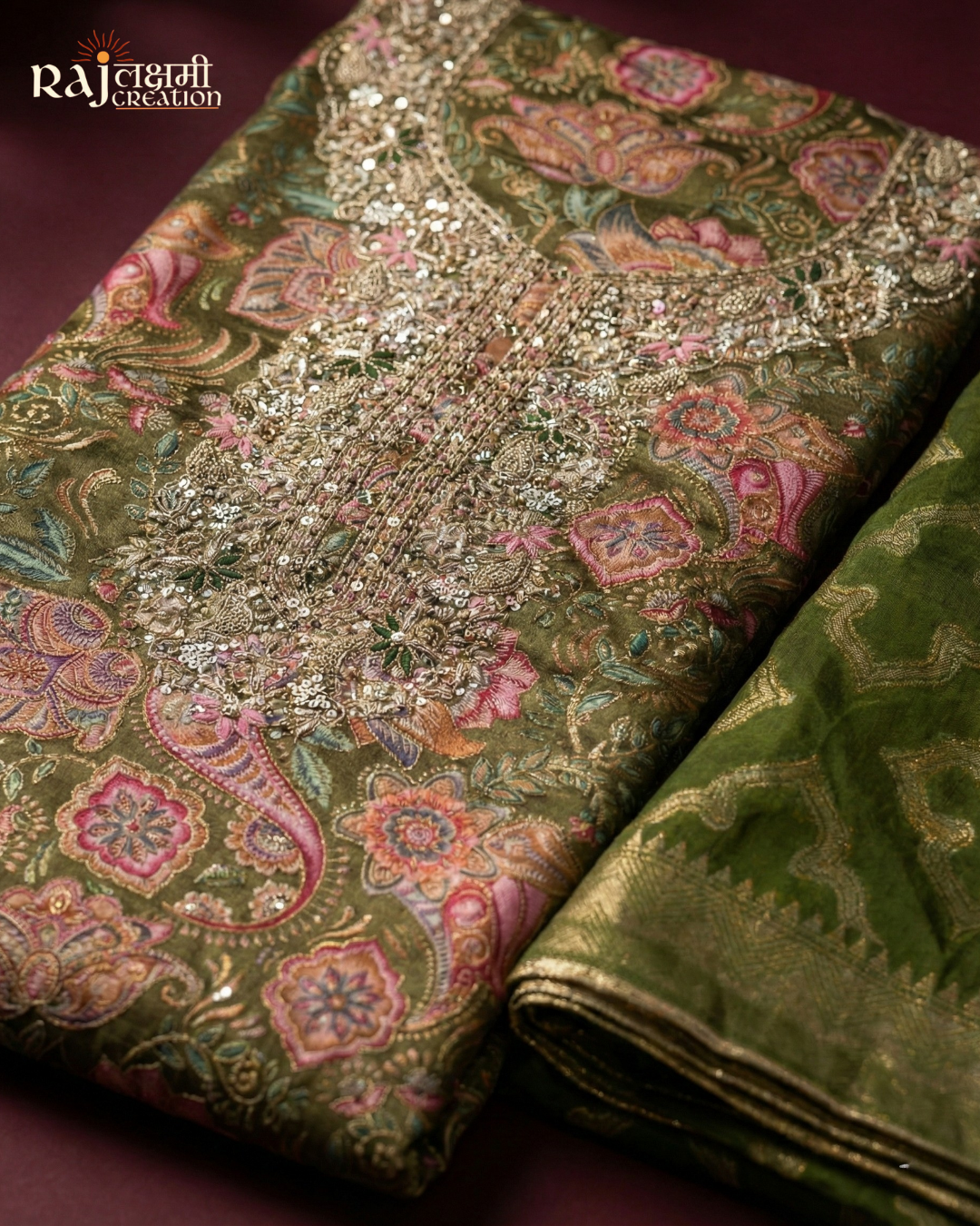 Royal Wine Printed Gajji Satin Suit with Handcrafted Zardosi Yoke