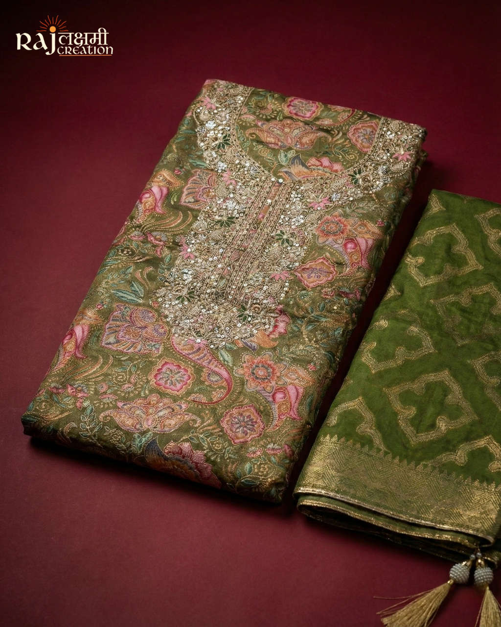 Royal Wine Printed Gajji Satin Suit with Handcrafted Zardosi Yoke