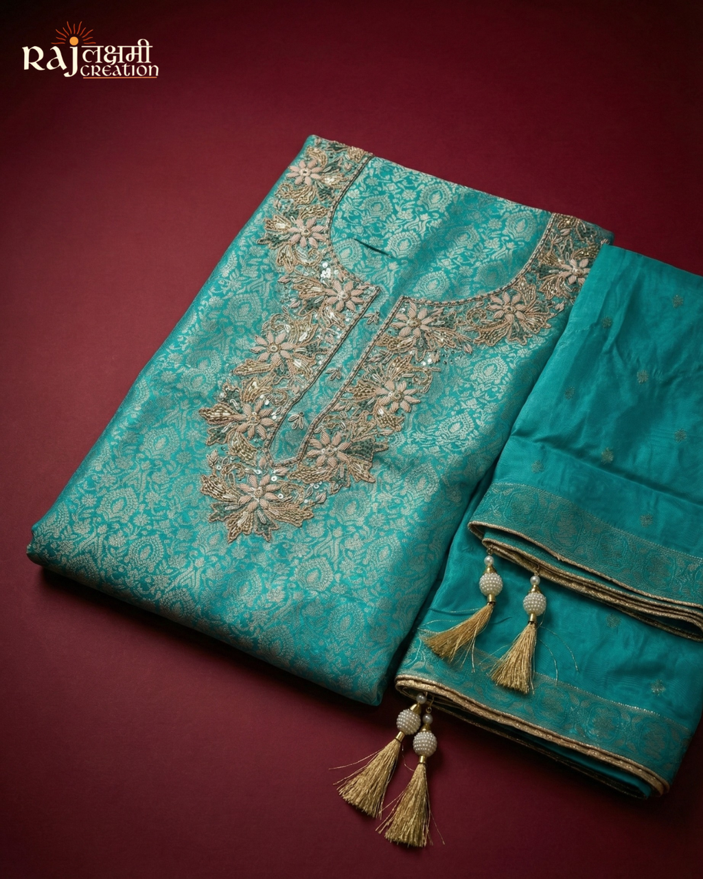 Turquoise Treasure: Hand-Embroidered Zardosi Tissue Upada Suit