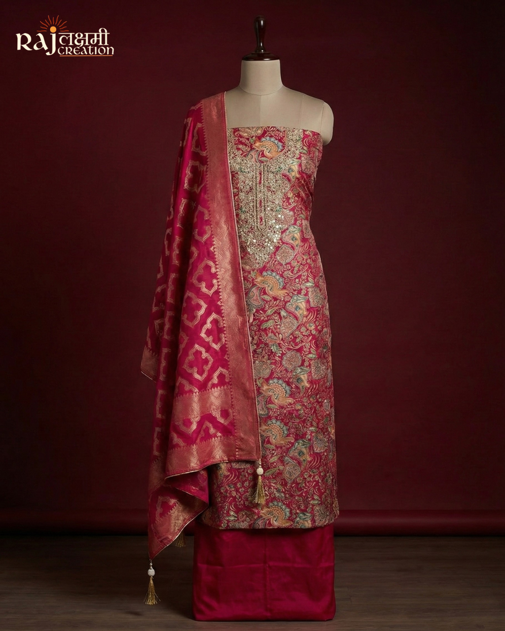 The Heritage Collection: Gajji Satin Zardosi Ensemble in Deep Magenta