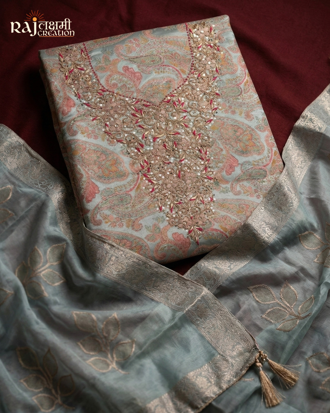 Elegant Pastel Gajji Satin Zardosi Suit Set with Upada Salwar