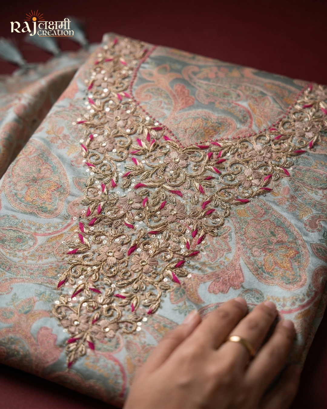 Elegant Pastel Gajji Satin Zardosi Suit Set with Upada Salwar