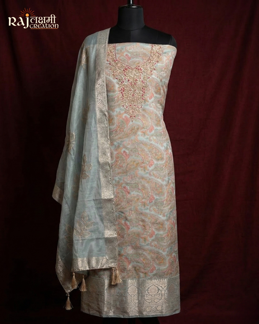 Elegant Pastel Gajji Satin Zardosi Suit Set with Upada Salwar