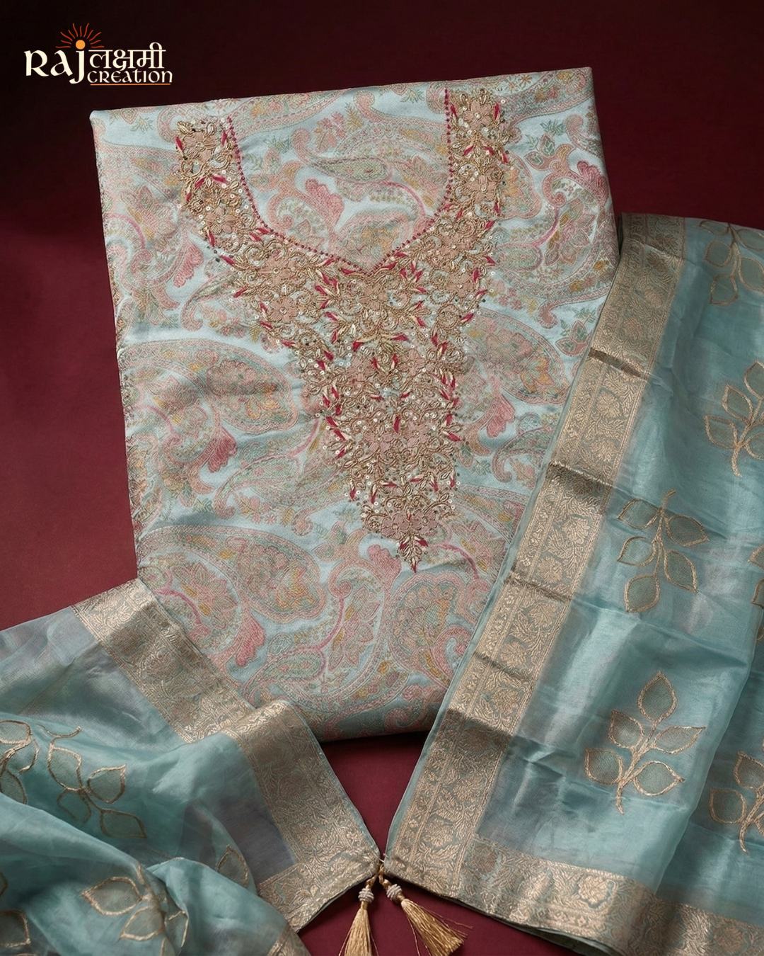 Elegant Pastel Gajji Satin Zardosi Suit Set with Upada Salwar