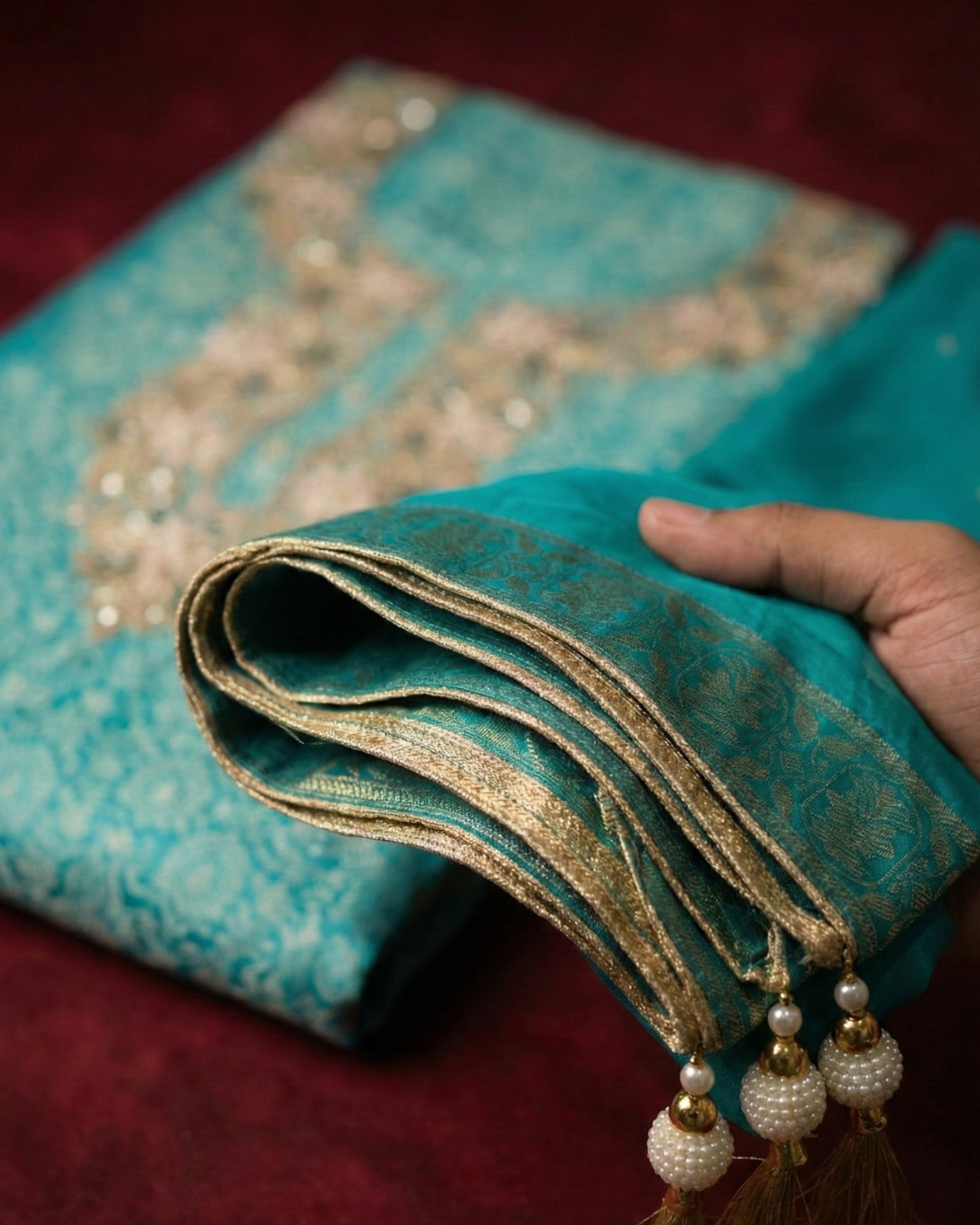 Turquoise Treasure: Hand-Embroidered Zardosi Tissue Upada Suit