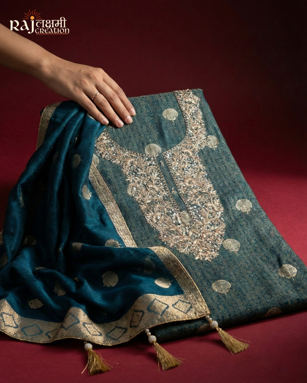 The Royal Tissue Collection: Teal Blue Zardosi & Upada Set
