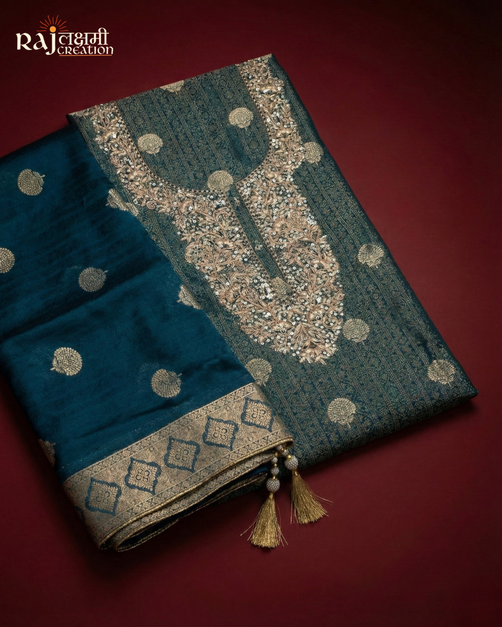The Royal Tissue Collection: Teal Blue Zardosi & Upada Set