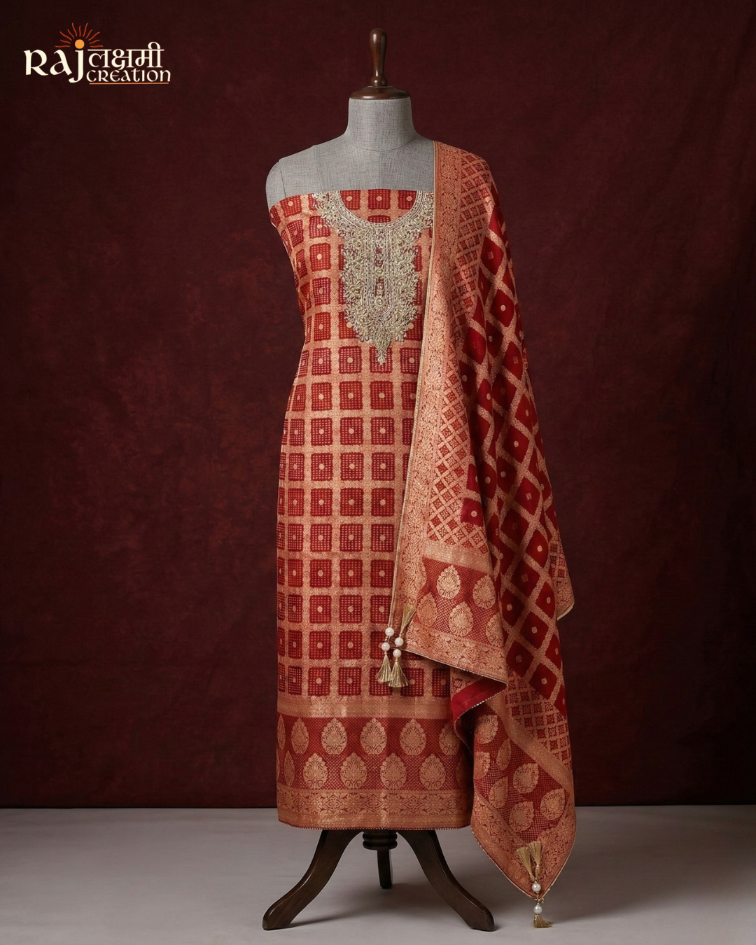 Classic Red Zari & Zardosi Unstitched Georgette Suit with Heavy Border