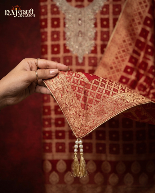 Classic Red Zari & Zardosi Unstitched Georgette Suit with Heavy Border