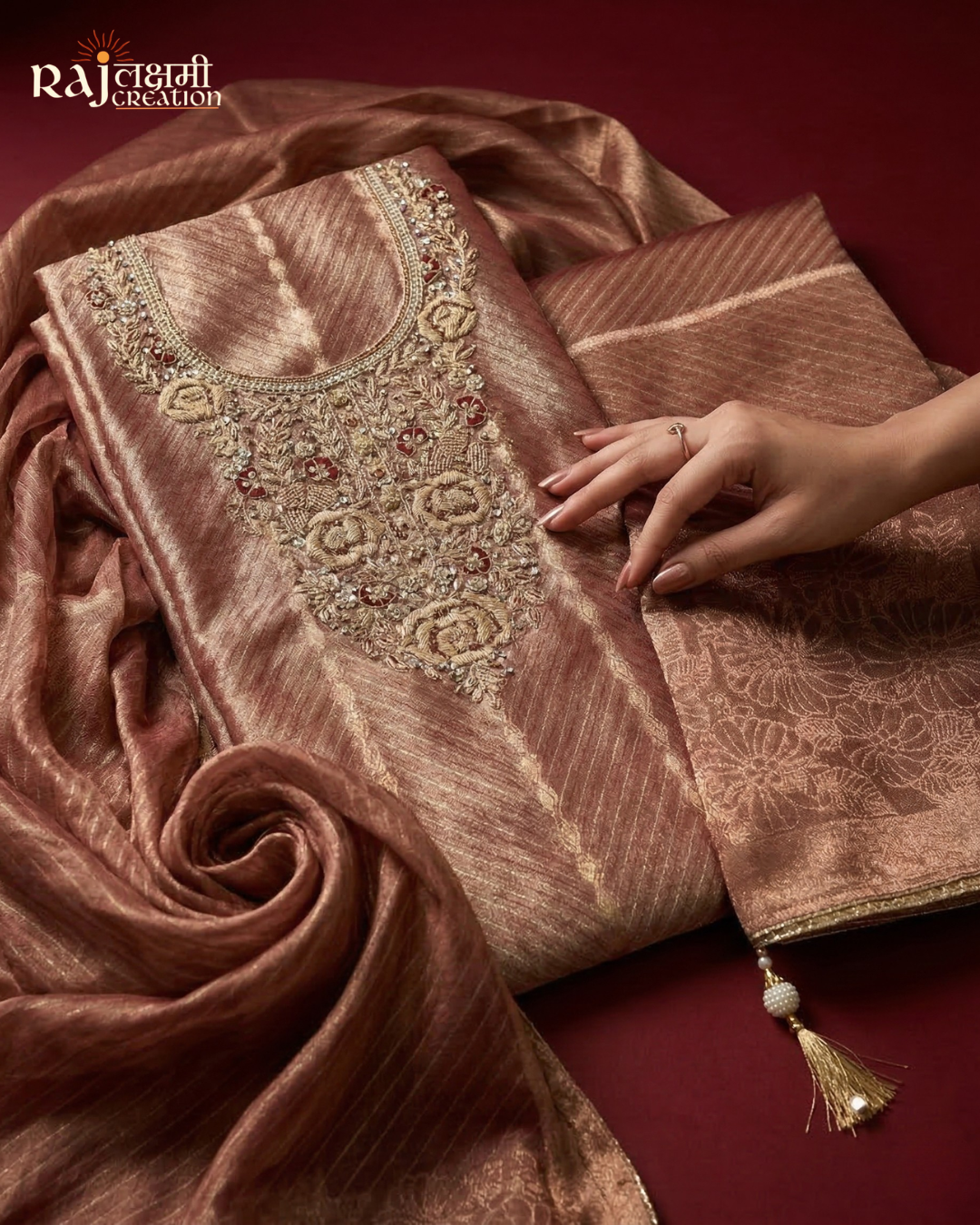 Dusty Rose Zardosi Hand-Embroidered Tissue Suit with Upada Silk