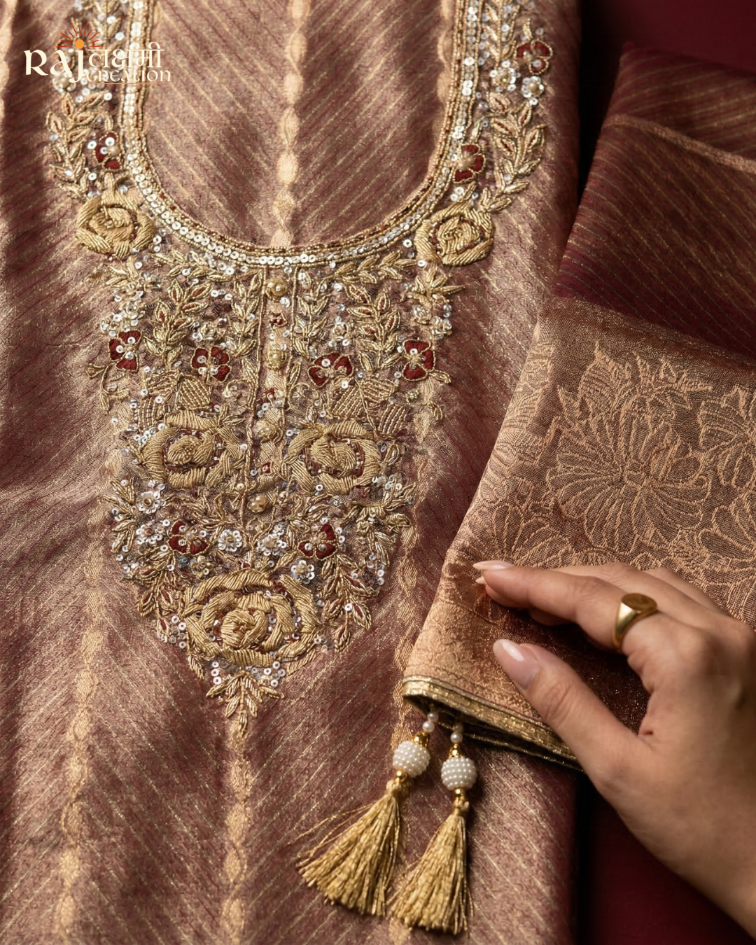 Dusty Rose Zardosi Hand-Embroidered Tissue Suit with Upada Silk