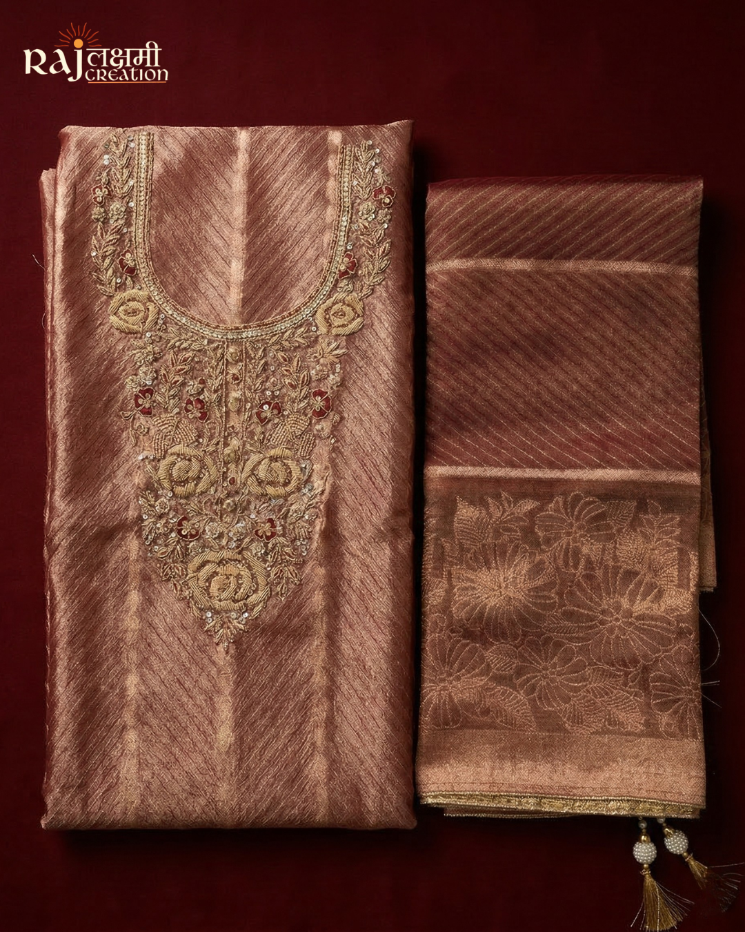 Dusty Rose Zardosi Hand-Embroidered Tissue Suit with Upada Silk