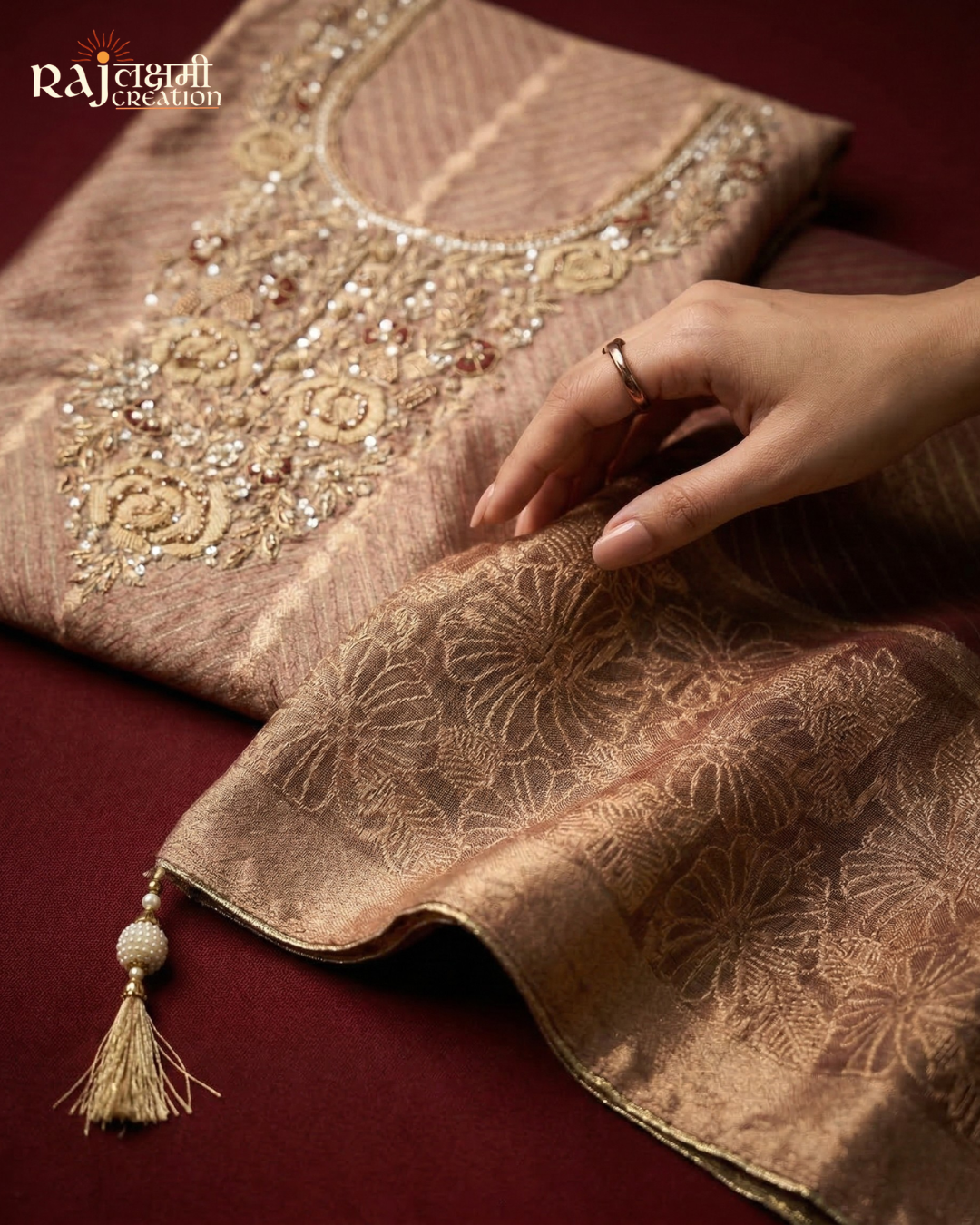 Dusty Rose Zardosi Hand-Embroidered Tissue Suit with Upada Silk