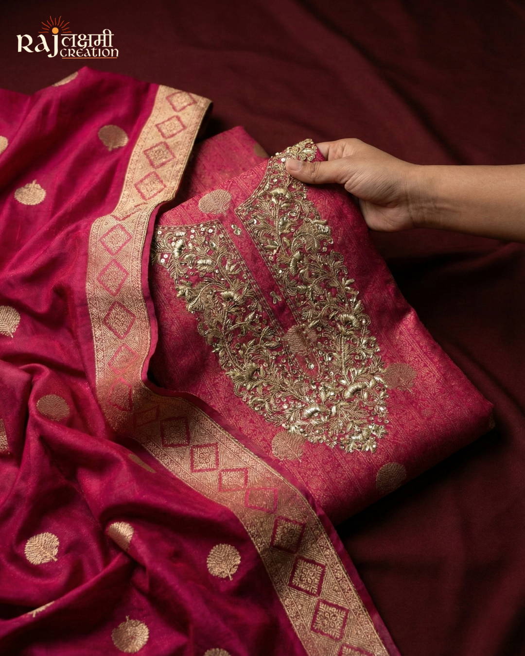 Regal Magenta Tissue Upada Silk Suit Set with Handcrafted Zardosi Work