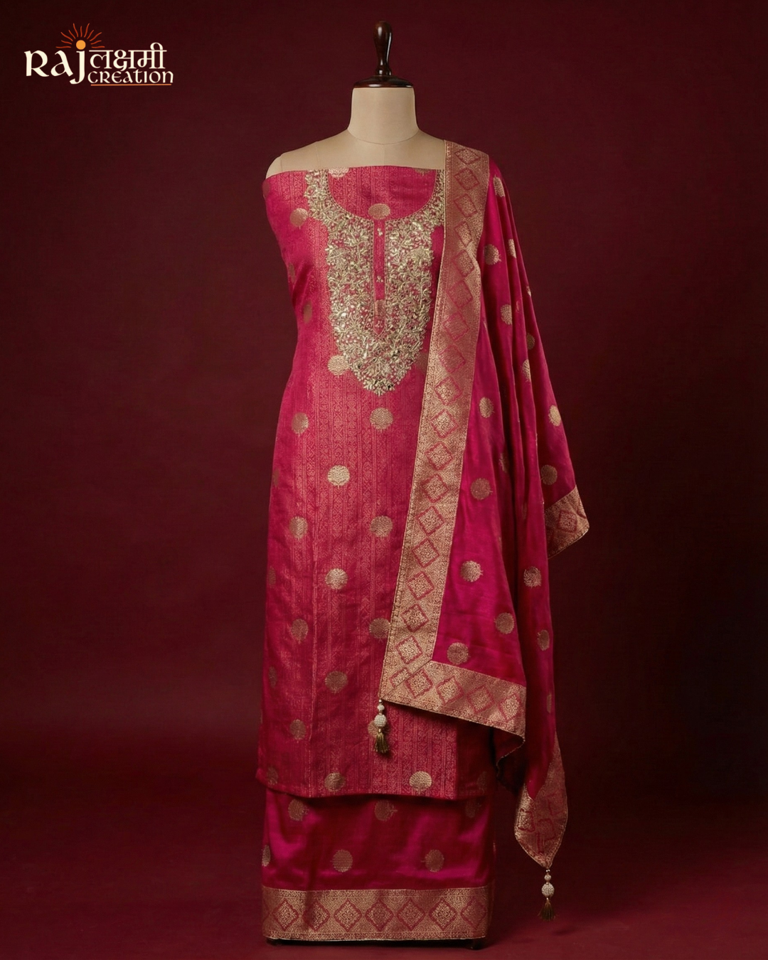 Regal Magenta Tissue Upada Silk Suit Set with Handcrafted Zardosi Work