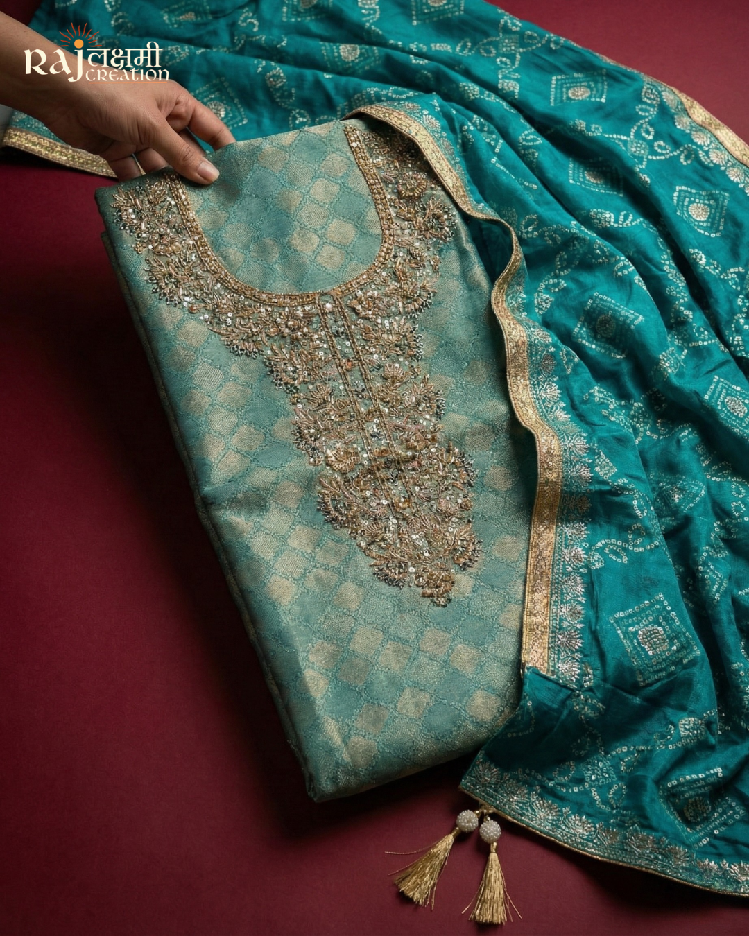 The Bandhani Fusion: Sea-Green Tissue Upada Suit with Chinon Bandhani Dupatta (Sea-Green)