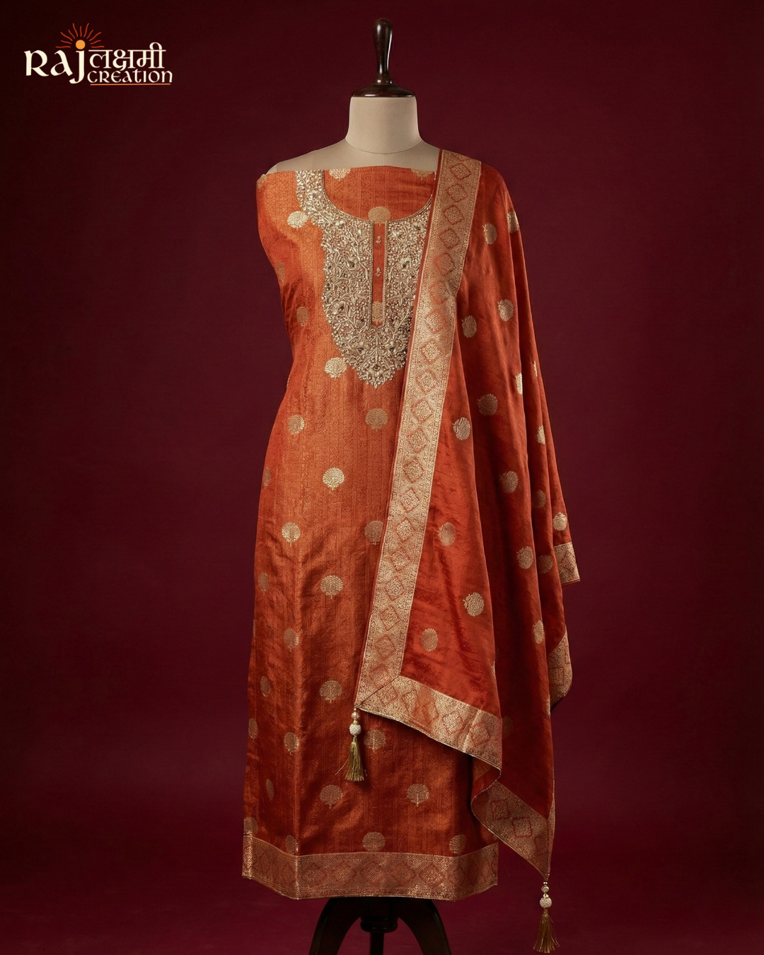 Rust Orange Tissue Upada Silk Suit Set with Handcrafted Zardosi Embroidery