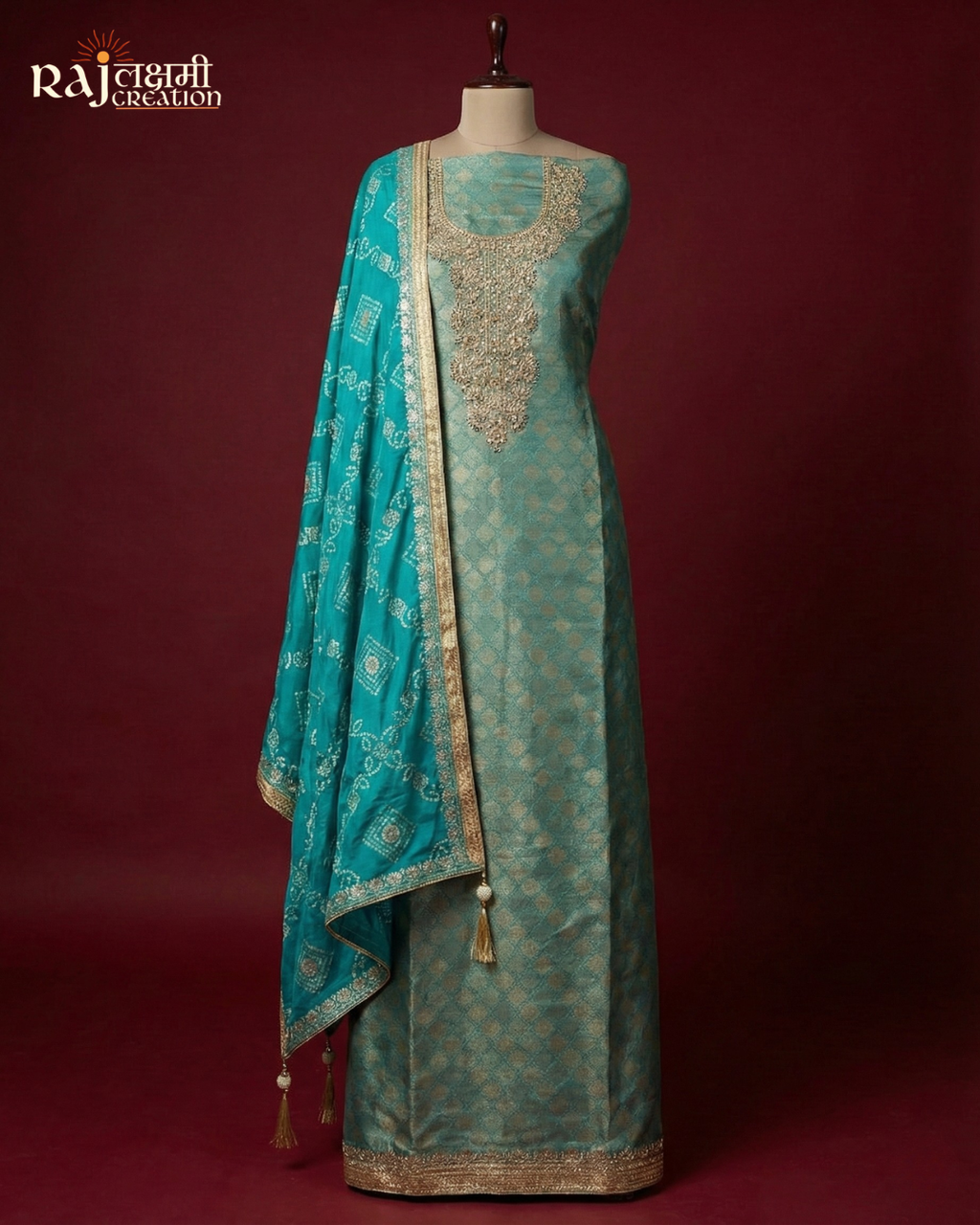 The Bandhani Fusion: Sea-Green Tissue Upada Suit with Chinon Bandhani Dupatta (Sea-Green)
