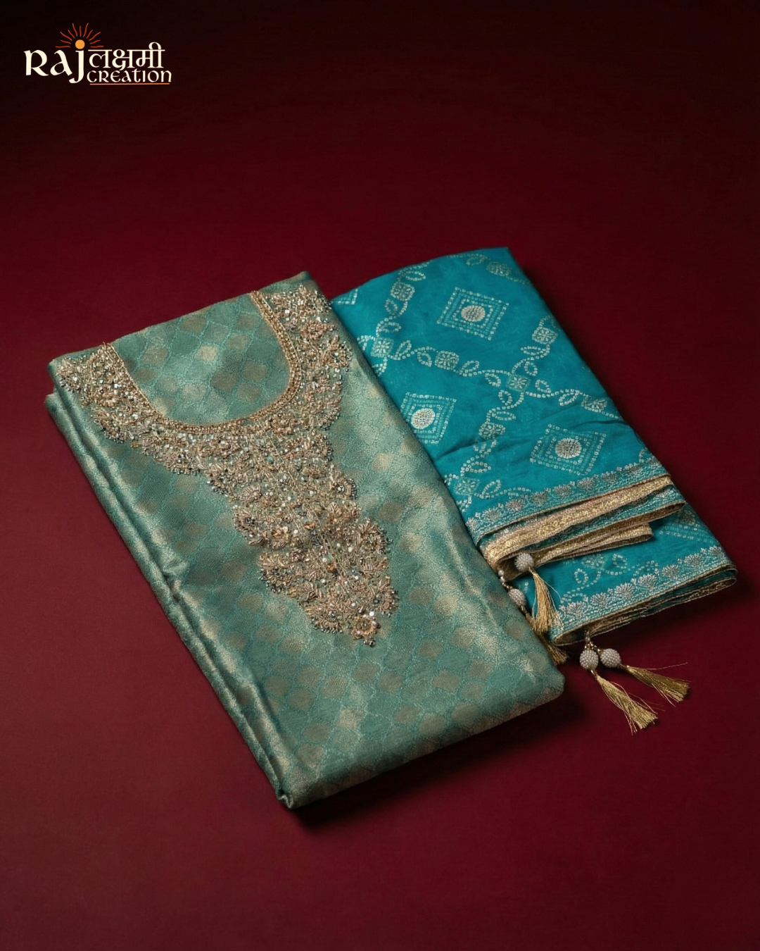 The Bandhani Fusion: Sea-Green Tissue Upada Suit with Chinon Bandhani Dupatta (Sea-Green)