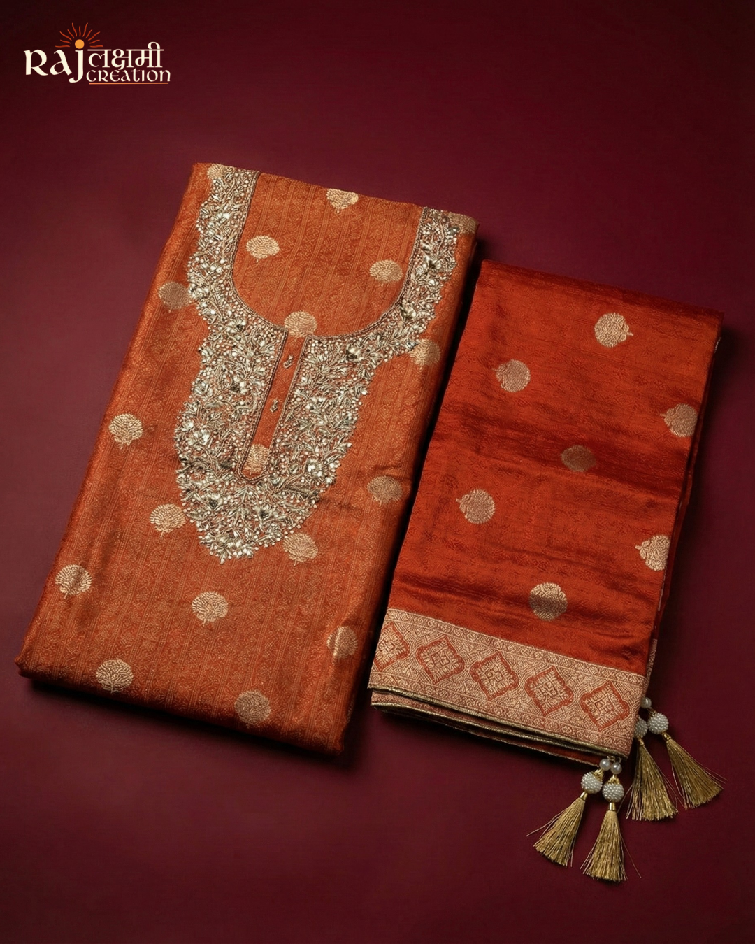 Rust Orange Tissue Upada Silk Suit Set with Handcrafted Zardosi Embroidery