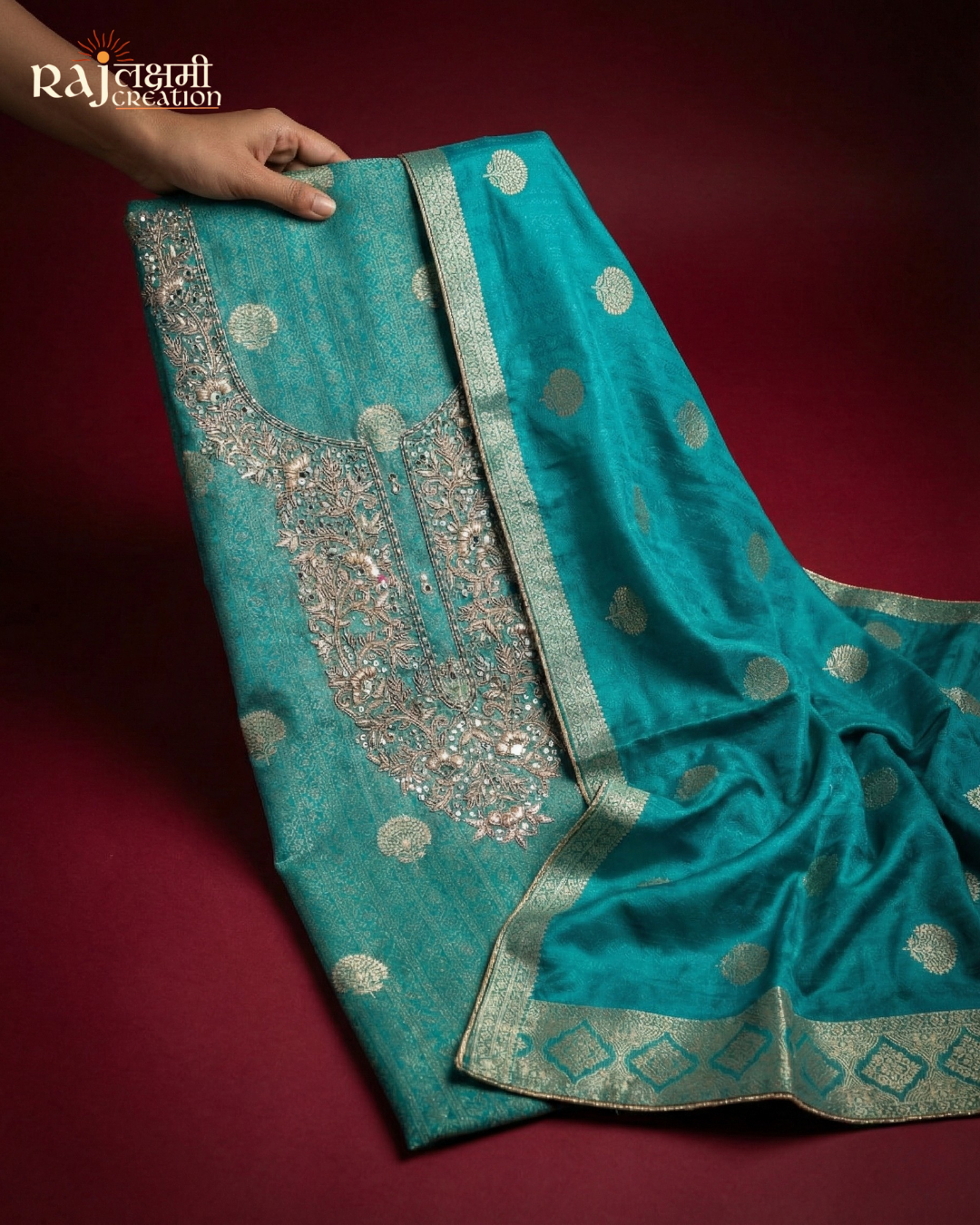 Teal Blue Tissue Upada Silk Suit with Exquisite Zardosi Embroidery