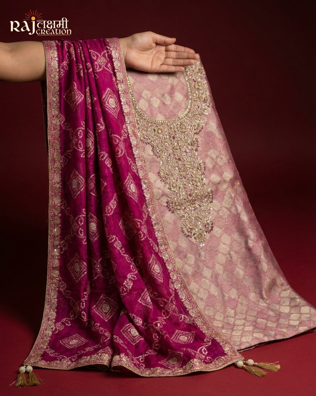 Rose-Gold Radiance: Luxury Hand-Worked Tissue Upada Suit