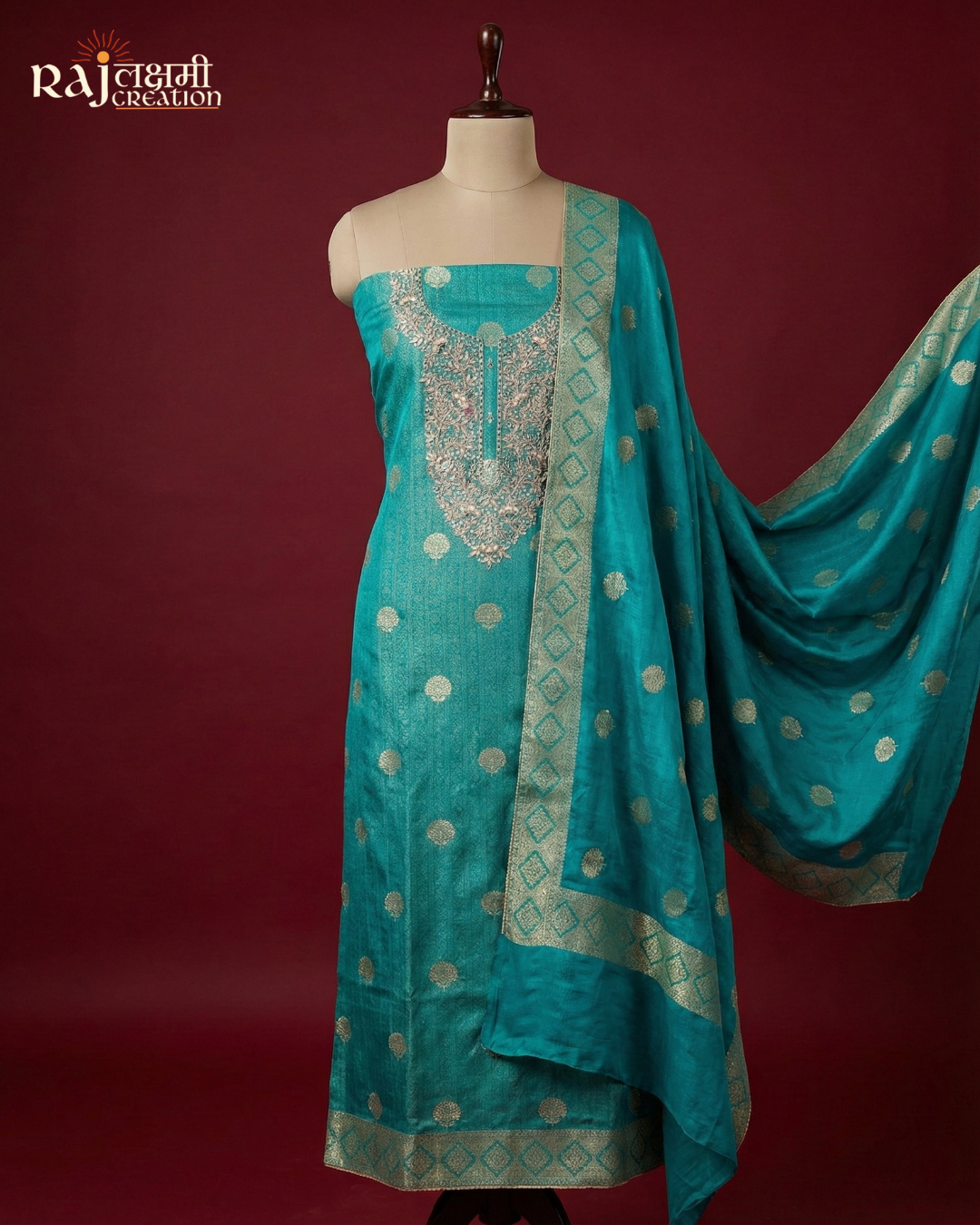 Teal Blue Tissue Upada Silk Suit with Exquisite Zardosi Embroidery