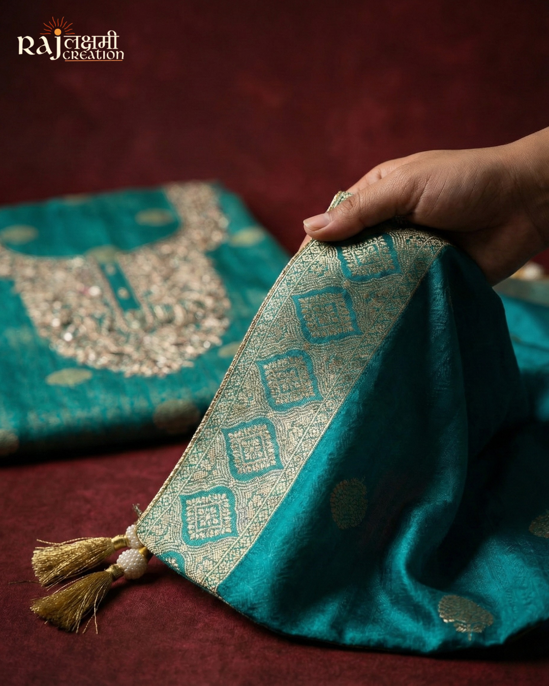 Teal Blue Tissue Upada Silk Suit with Exquisite Zardosi Embroidery