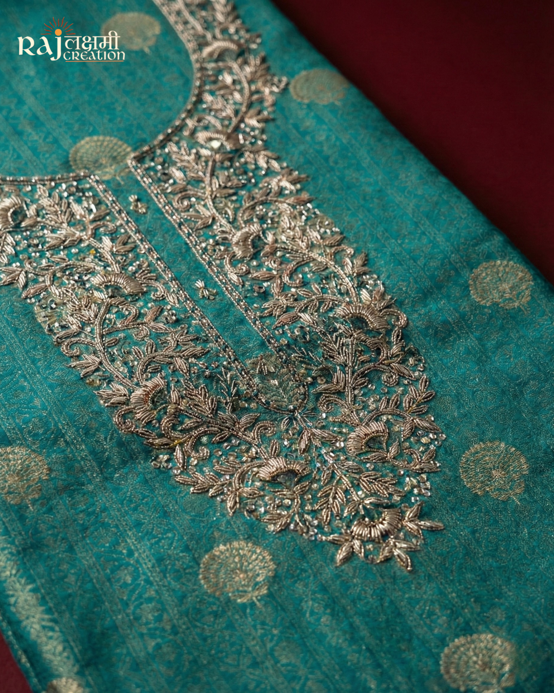 Teal Blue Tissue Upada Silk Suit with Exquisite Zardosi Embroidery