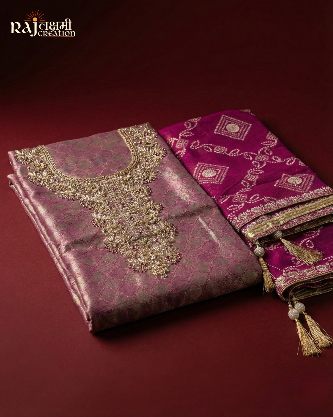 Rose-Gold Radiance: Luxury Hand-Worked Tissue Upada Suit